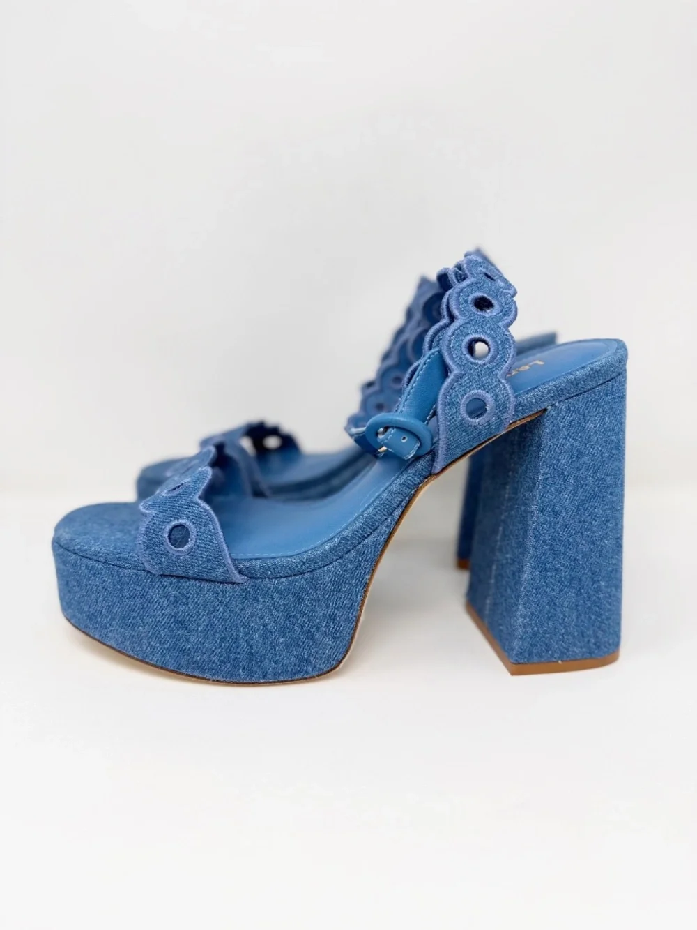 New Larroude Dolly Broderie Sandal In Blue Stoned Denim Sz 9.5